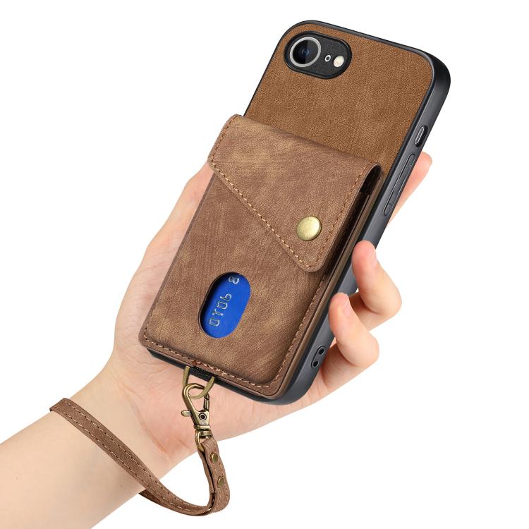 For iPhone 17e / 16e Retro Card Wallet Fold Leather Phone Case with Strap