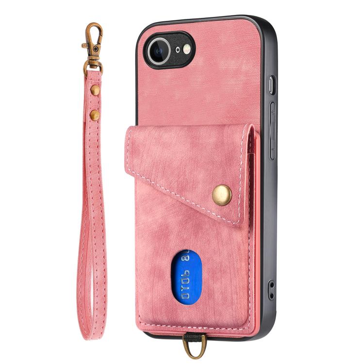 For iPhone 17e / 16e Retro Card Wallet Fold Leather Phone Case with Strap