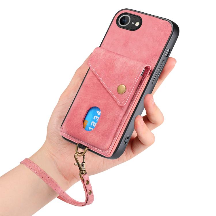For iPhone 17e / 16e Retro Card Wallet Fold Leather Phone Case with Strap