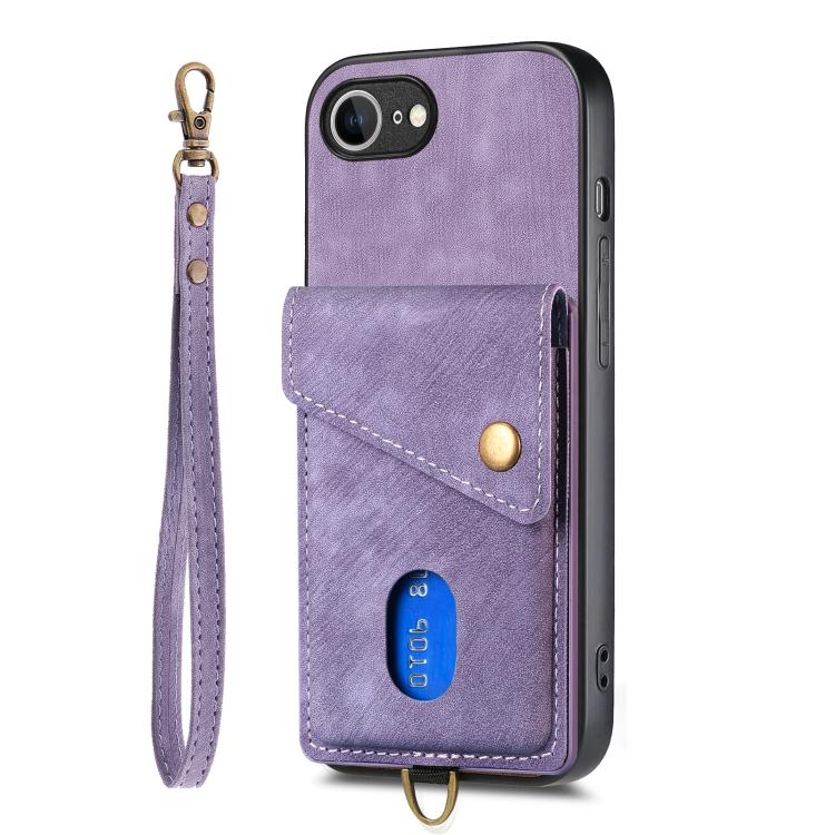 For iPhone 17e / 16e Retro Card Wallet Fold Leather Phone Case with Strap