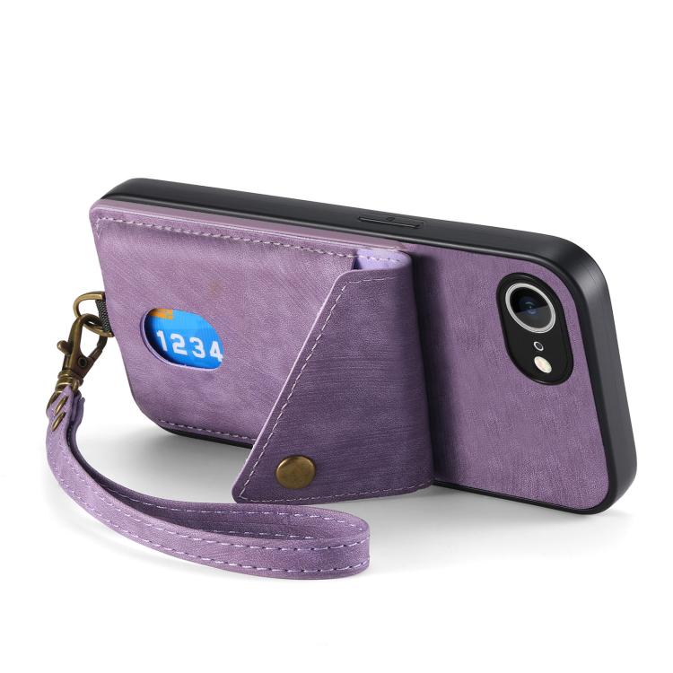 For iPhone 17e / 16e Retro Card Wallet Fold Leather Phone Case with Strap