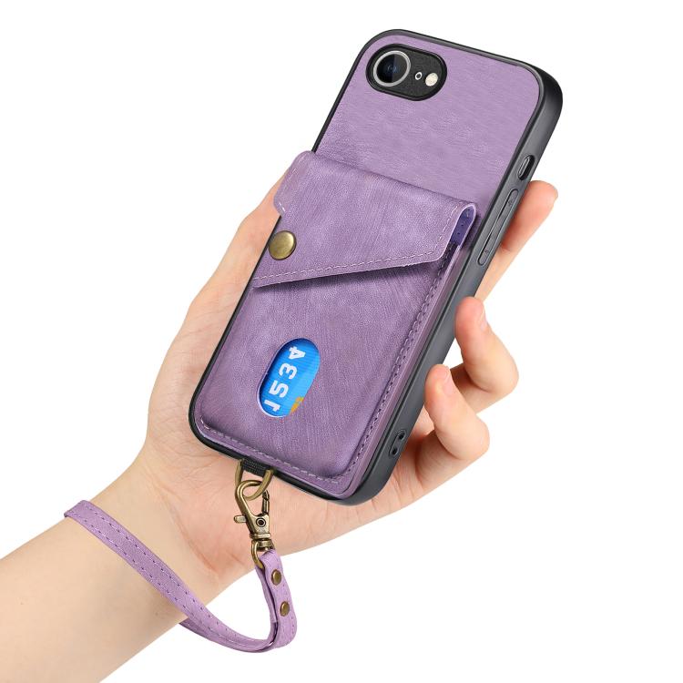 For iPhone 17e / 16e Retro Card Wallet Fold Leather Phone Case with Strap