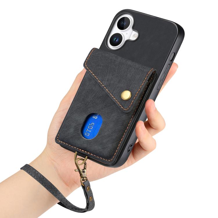 For iPhone 17 Retro Card Wallet Fold Leather Phone Case with Strap