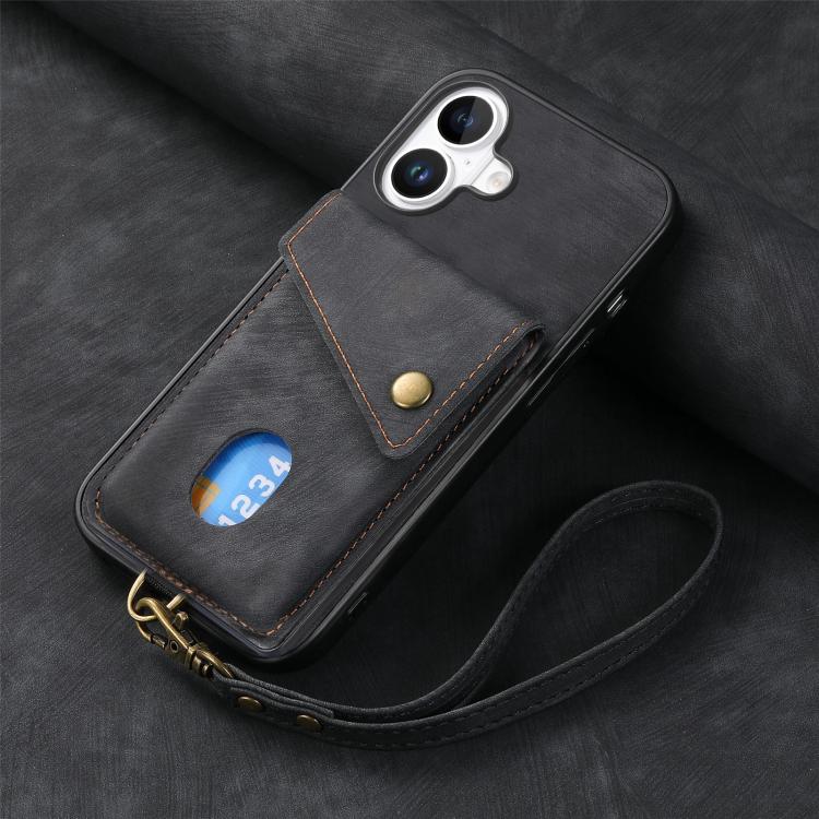For iPhone 17 Retro Card Wallet Fold Leather Phone Case with Strap