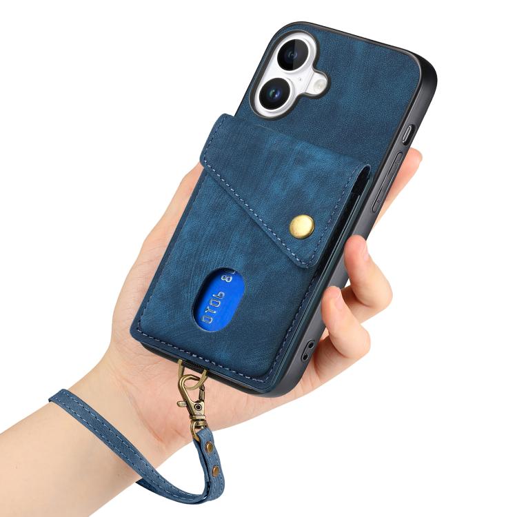 For iPhone 17 Retro Card Wallet Fold Leather Phone Case with Strap