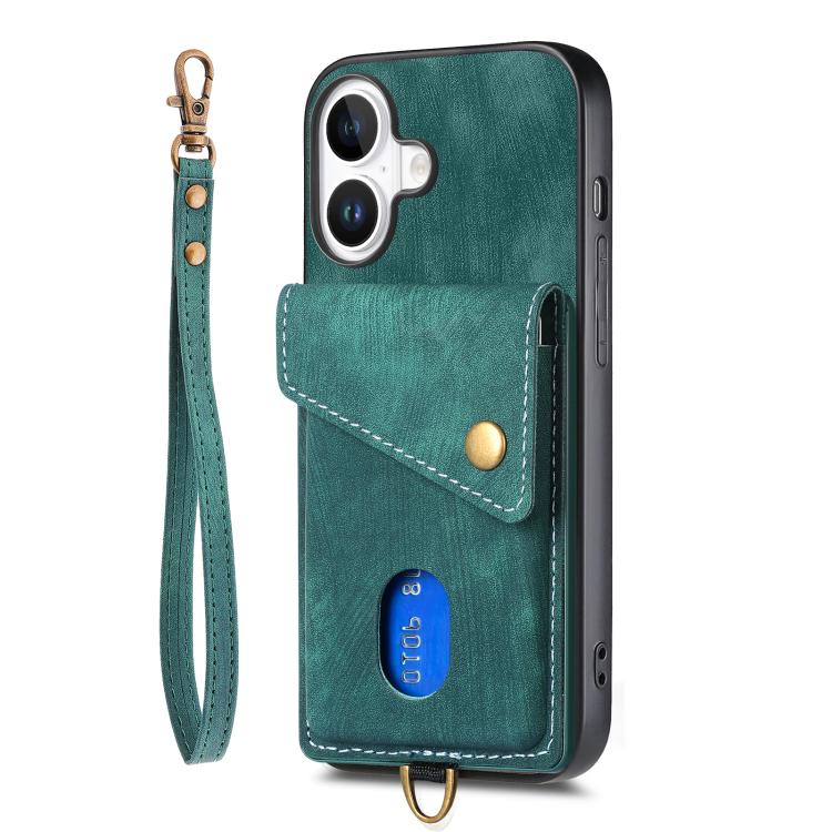 For iPhone 17 Retro Card Wallet Fold Leather Phone Case with Strap