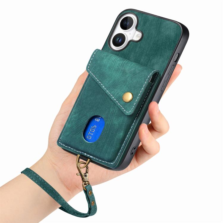 For iPhone 17 Retro Card Wallet Fold Leather Phone Case with Strap