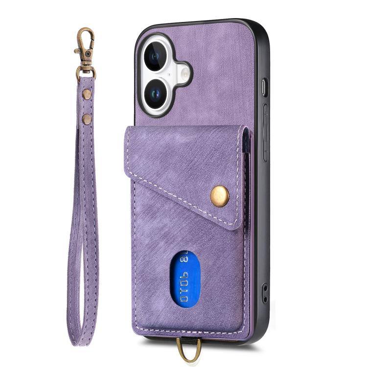 For iPhone 17 Retro Card Wallet Fold Leather Phone Case with Strap