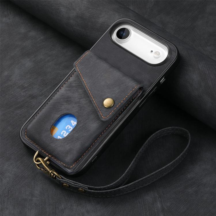 For iPhone Air Retro Card Wallet Fold Leather Phone Case with Strap