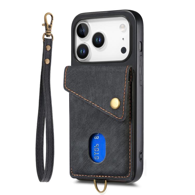 For iPhone 17 Pro Retro Card Wallet Fold Leather Phone Case with Strap