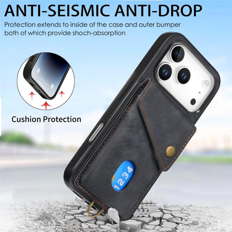 For iPhone 17 Pro Retro Card Wallet Fold Leather Phone Case with Strap