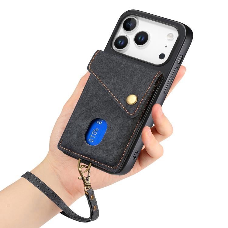 For iPhone 17 Pro Retro Card Wallet Fold Leather Phone Case with Strap