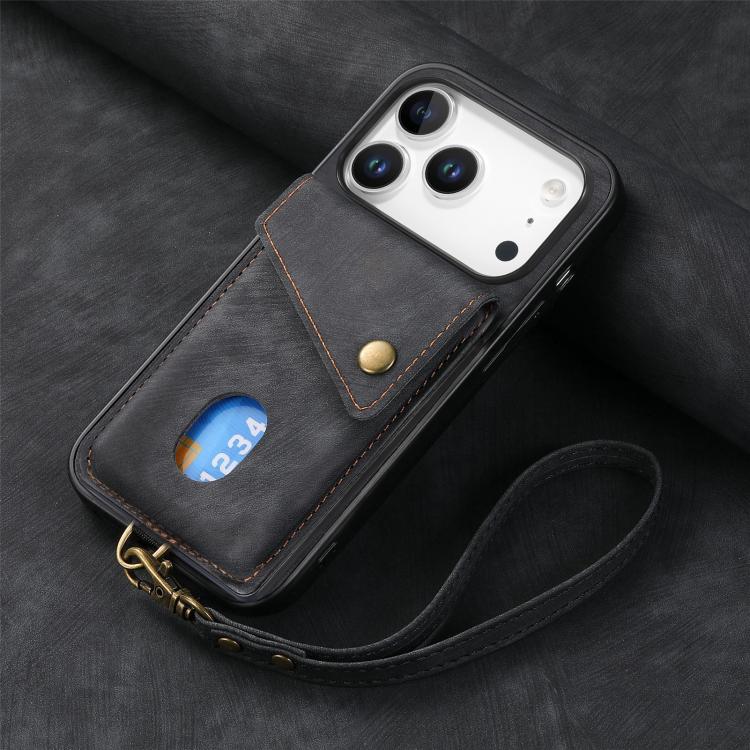 For iPhone 17 Pro Retro Card Wallet Fold Leather Phone Case with Strap