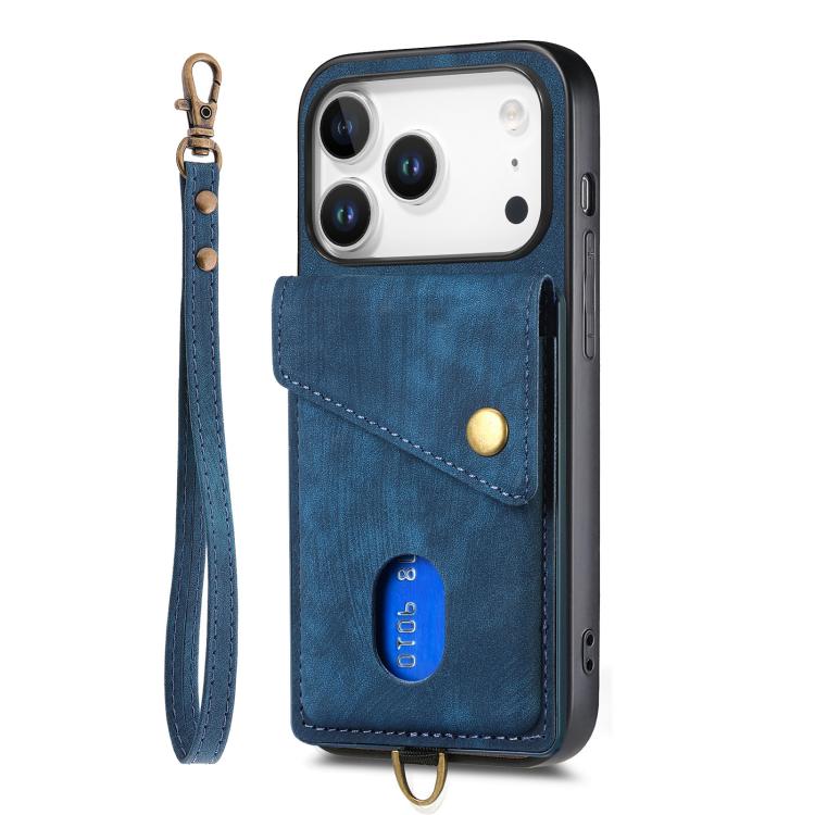For iPhone 17 Pro Retro Card Wallet Fold Leather Phone Case with Strap