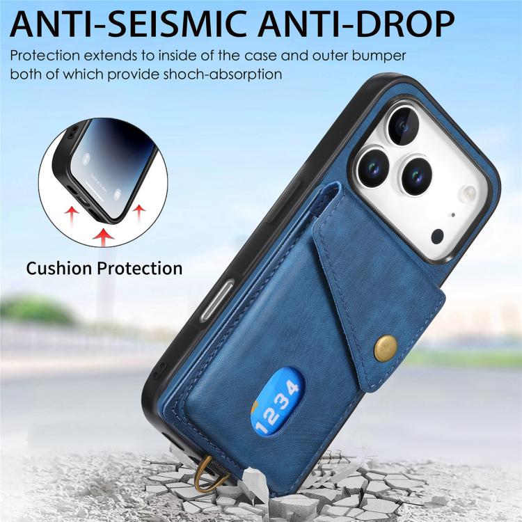 For iPhone 17 Pro Retro Card Wallet Fold Leather Phone Case with Strap