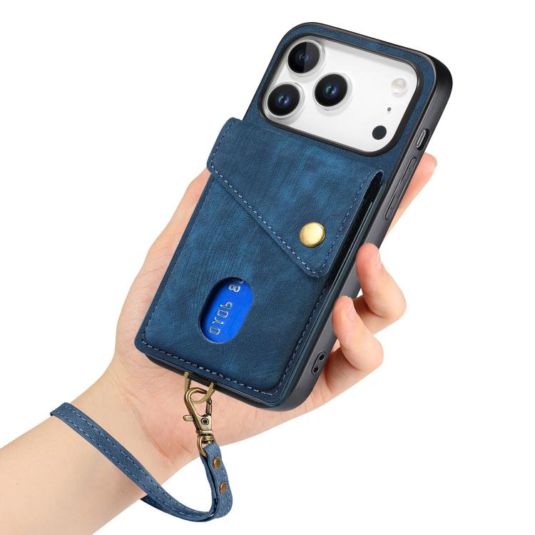 For iPhone 17 Pro Retro Card Wallet Fold Leather Phone Case with Strap
