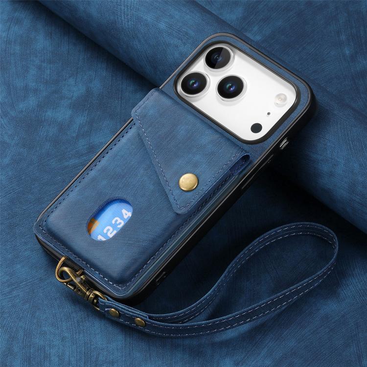 For iPhone 17 Pro Retro Card Wallet Fold Leather Phone Case with Strap