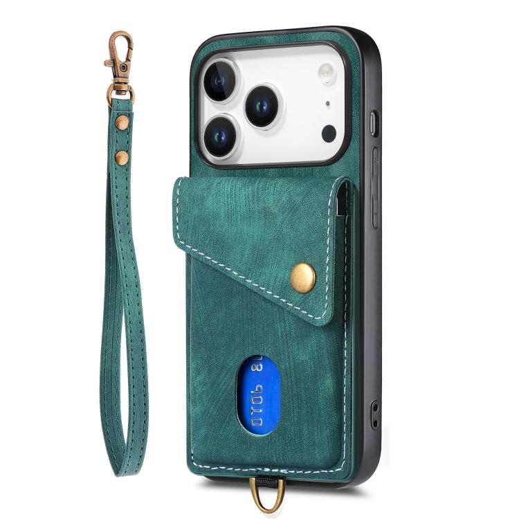 For iPhone 17 Pro Retro Card Wallet Fold Leather Phone Case with Strap