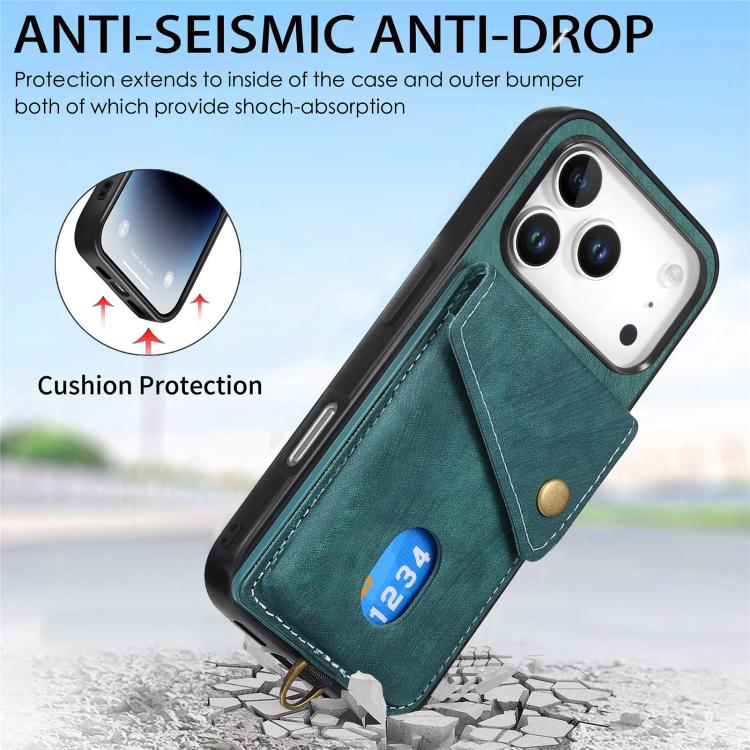 For iPhone 17 Pro Retro Card Wallet Fold Leather Phone Case with Strap