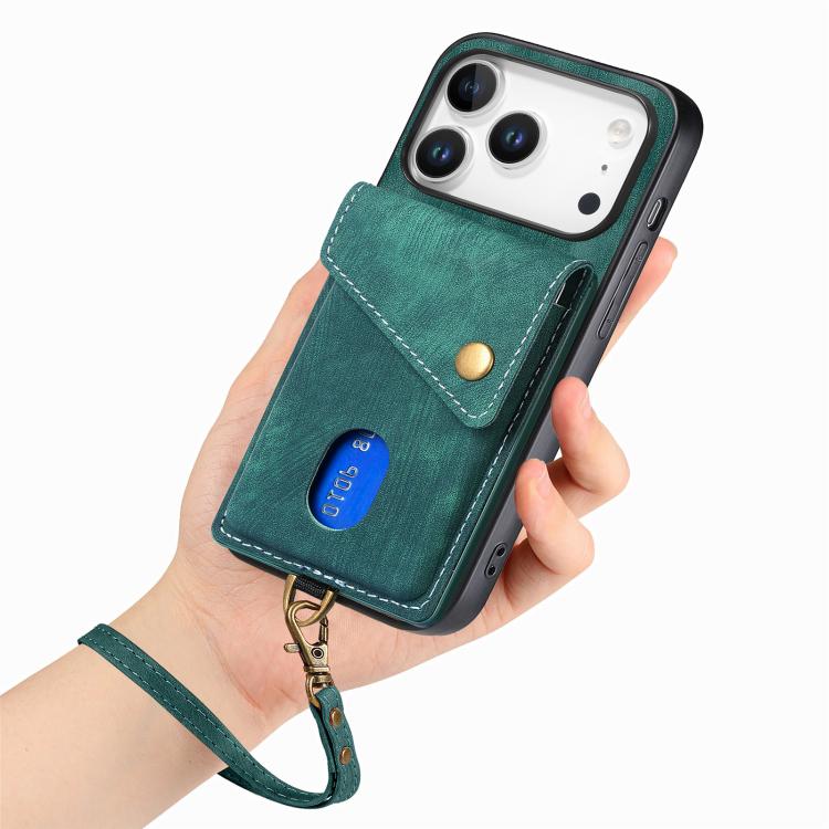 For iPhone 17 Pro Retro Card Wallet Fold Leather Phone Case with Strap