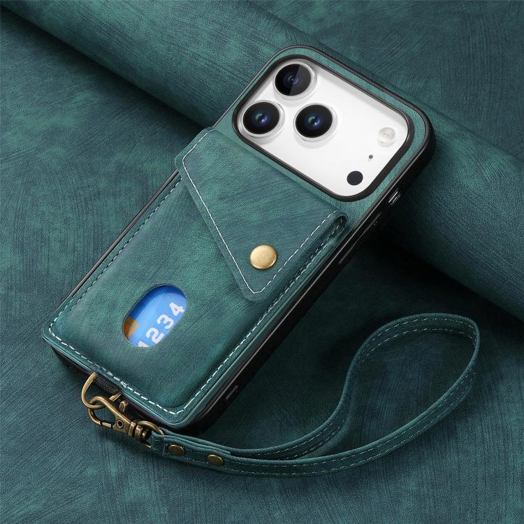 For iPhone 17 Pro Retro Card Wallet Fold Leather Phone Case with Strap