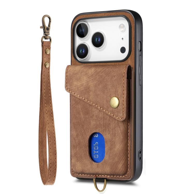 For iPhone 17 Pro Retro Card Wallet Fold Leather Phone Case with Strap
