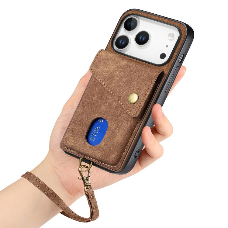 For iPhone 17 Pro Retro Card Wallet Fold Leather Phone Case with Strap