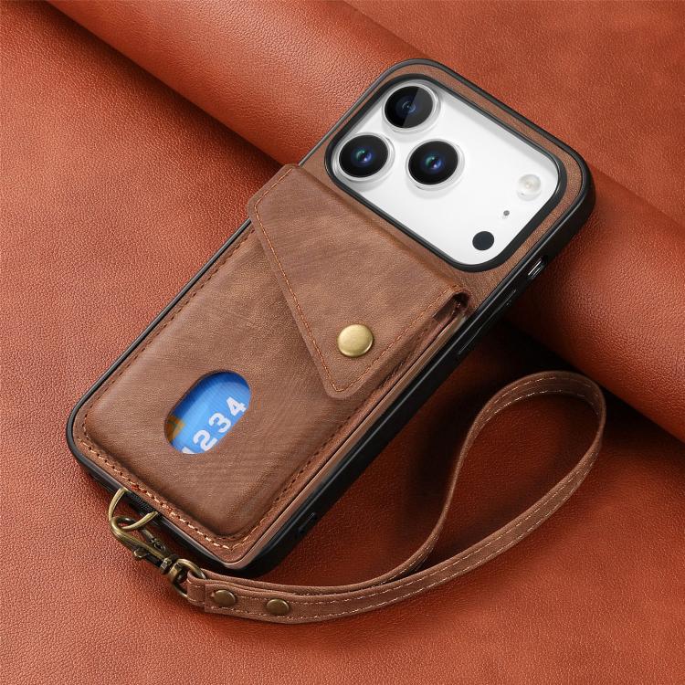For iPhone 17 Pro Retro Card Wallet Fold Leather Phone Case with Strap
