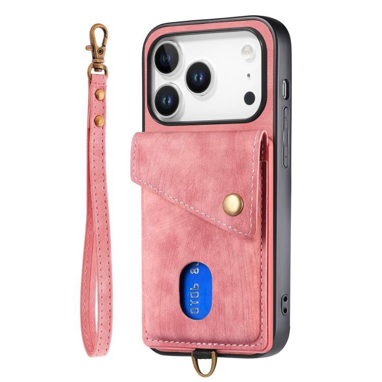 For iPhone 17 Pro Retro Card Wallet Fold Leather Phone Case with Strap