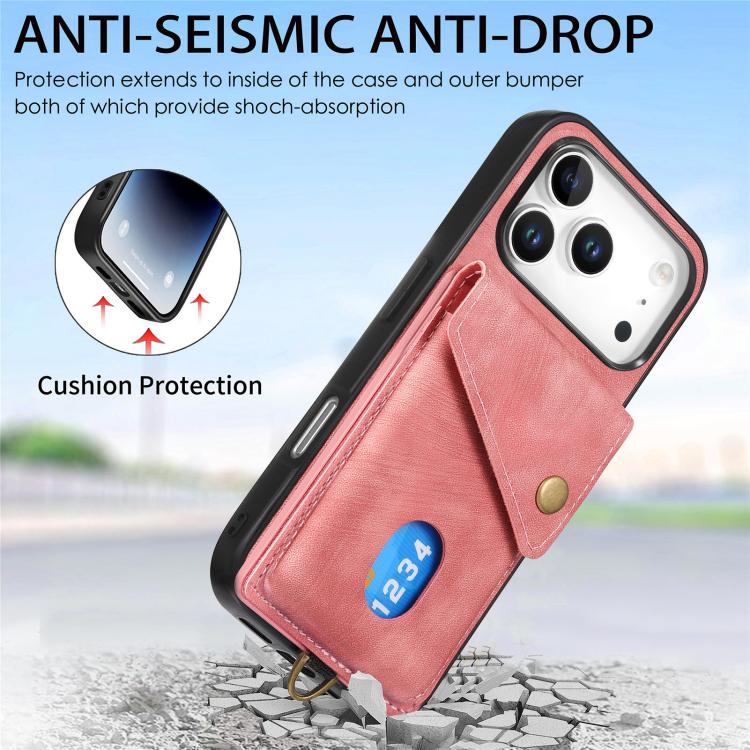 For iPhone 17 Pro Retro Card Wallet Fold Leather Phone Case with Strap