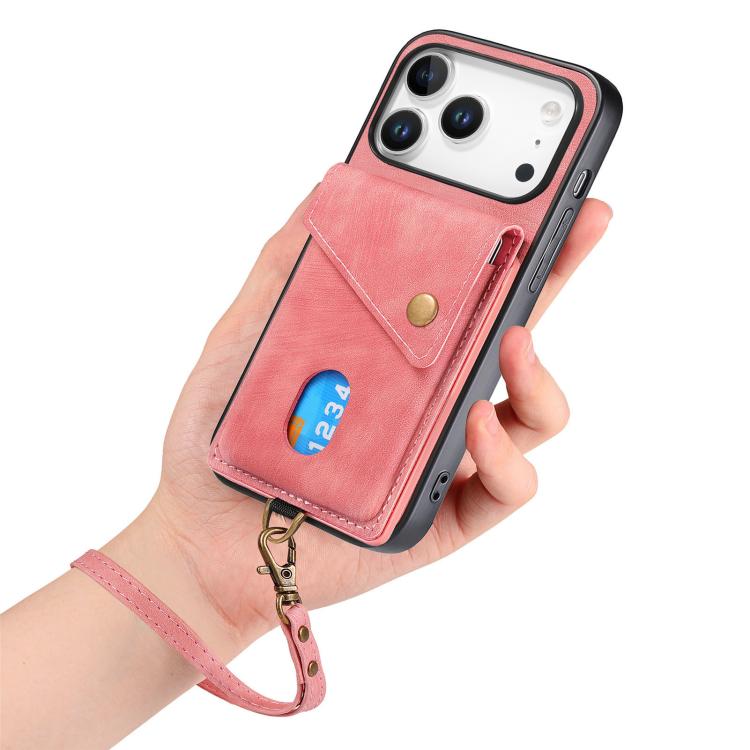 For iPhone 17 Pro Retro Card Wallet Fold Leather Phone Case with Strap