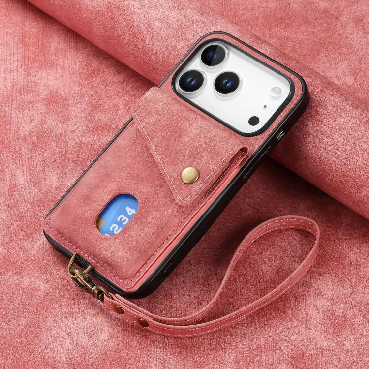 For iPhone 17 Pro Retro Card Wallet Fold Leather Phone Case with Strap