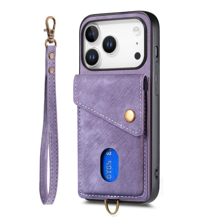 For iPhone 17 Pro Retro Card Wallet Fold Leather Phone Case with Strap