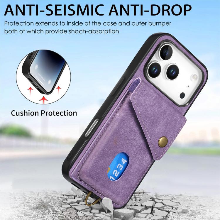 For iPhone 17 Pro Retro Card Wallet Fold Leather Phone Case with Strap