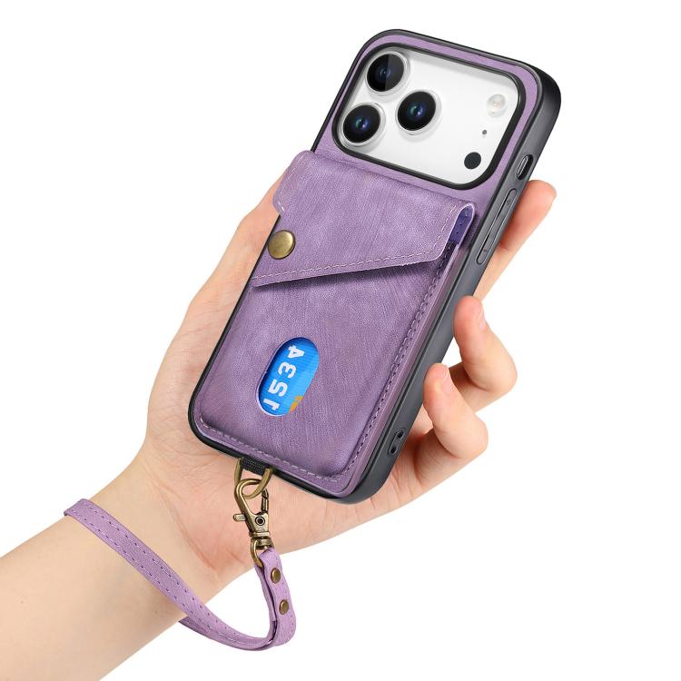 For iPhone 17 Pro Retro Card Wallet Fold Leather Phone Case with Strap