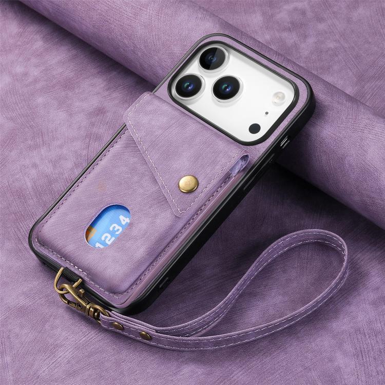 For iPhone 17 Pro Retro Card Wallet Fold Leather Phone Case with Strap
