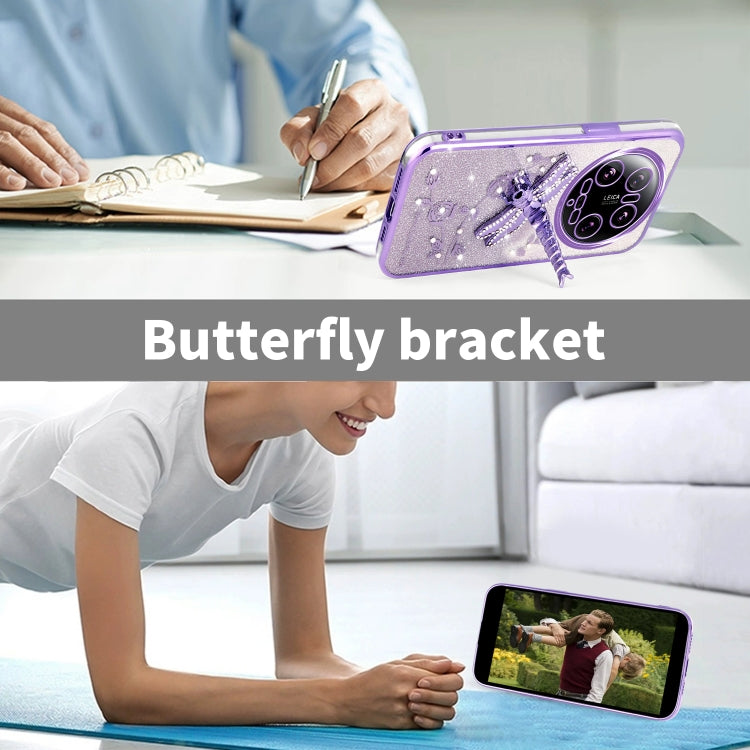 For Xiaomi 14 Ultra Gradient Glitter Immortal 3D Dragonfly Holder Plated Phone Case