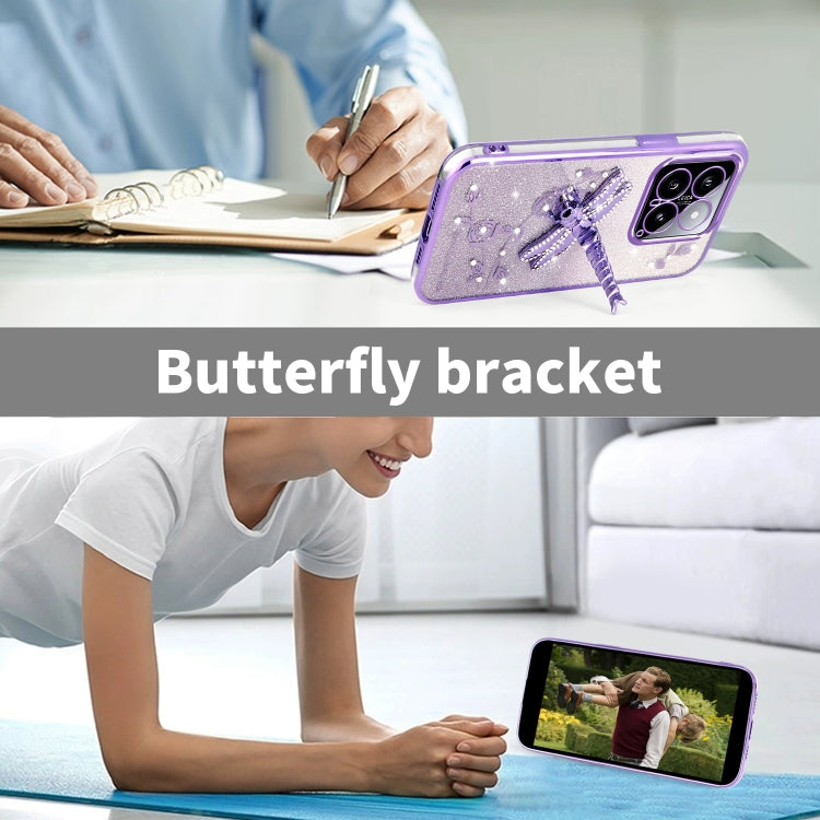 For Xiaomi 14 Gradient Glitter Immortal 3D Dragonfly Holder Plated Phone Case