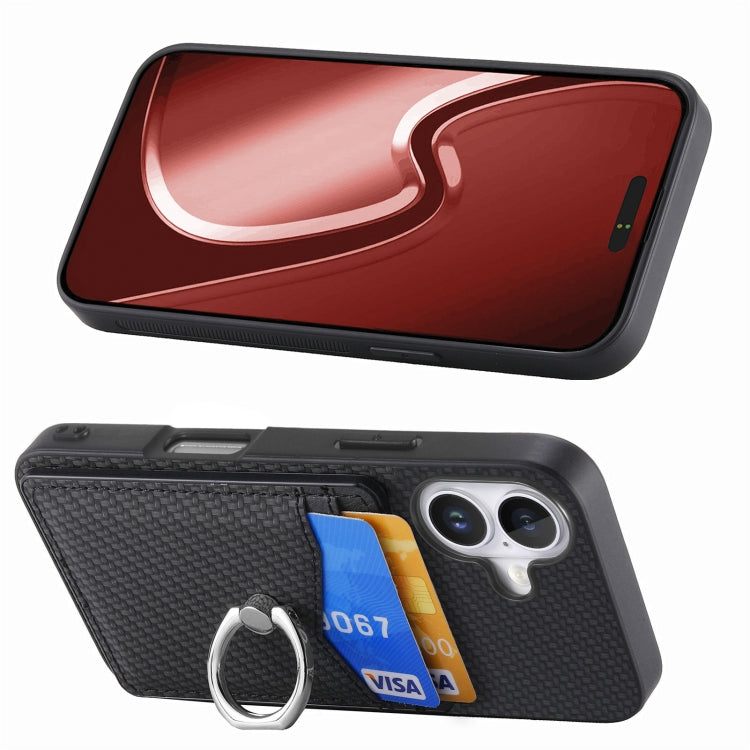For iPhone 16 Carbon Fiber Card Wallet Ring Phone Case