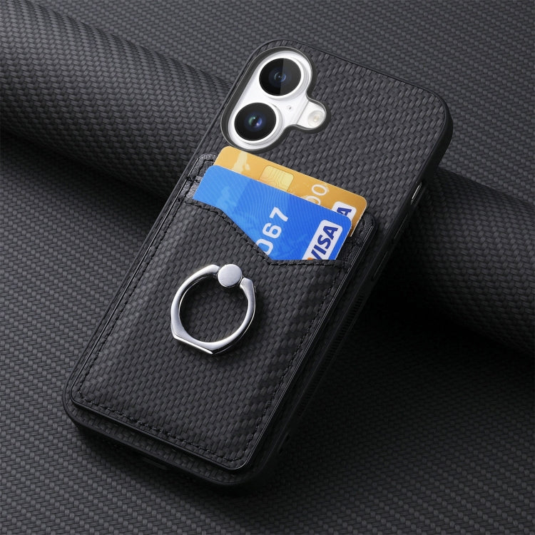 For iPhone 16 Carbon Fiber Card Wallet Ring Phone Case