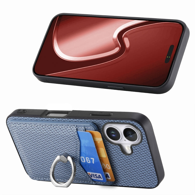 For iPhone 16 Carbon Fiber Card Wallet Ring Phone Case