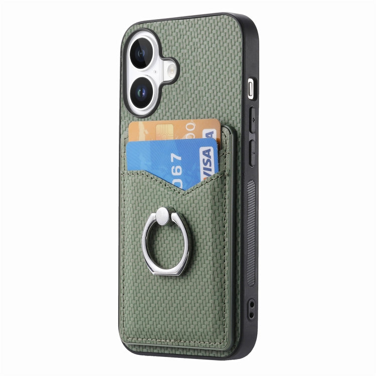 For iPhone 16 Carbon Fiber Card Wallet Ring Phone Case