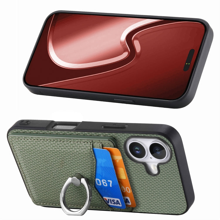 For iPhone 16 Carbon Fiber Card Wallet Ring Phone Case