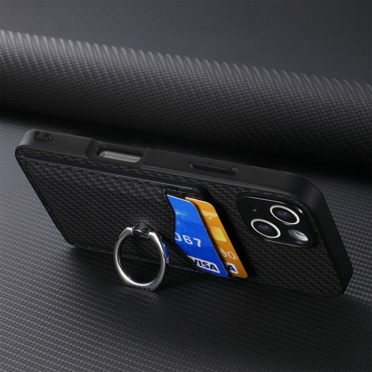 For iPhone 16 Plus Carbon Fiber Card Wallet Ring Phone Case