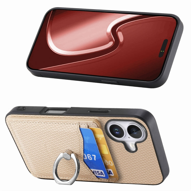 For iPhone 16 Plus Carbon Fiber Card Wallet Ring Phone Case