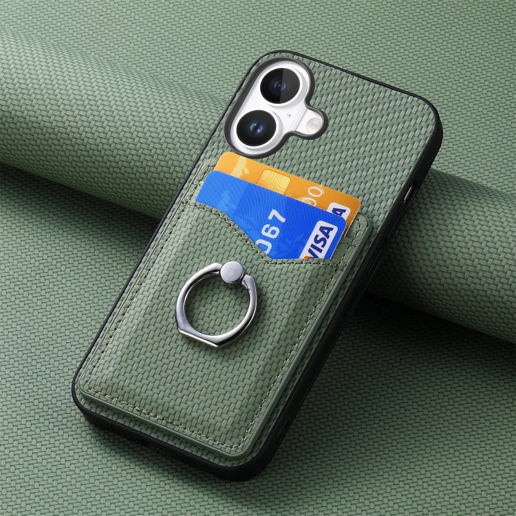For iPhone 16 Plus Carbon Fiber Card Wallet Ring Phone Case