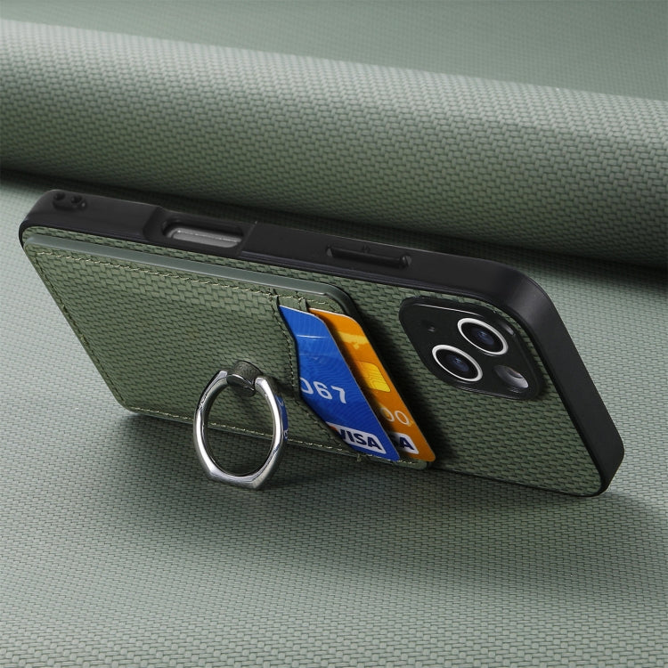 For iPhone 16 Plus Carbon Fiber Card Wallet Ring Phone Case