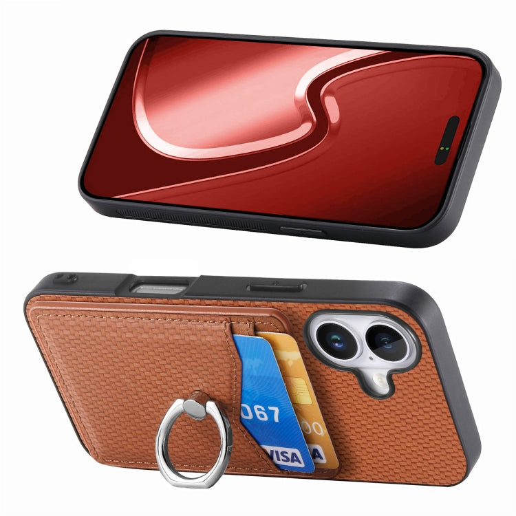 For iPhone 16 Plus Carbon Fiber Card Wallet Ring Phone Case