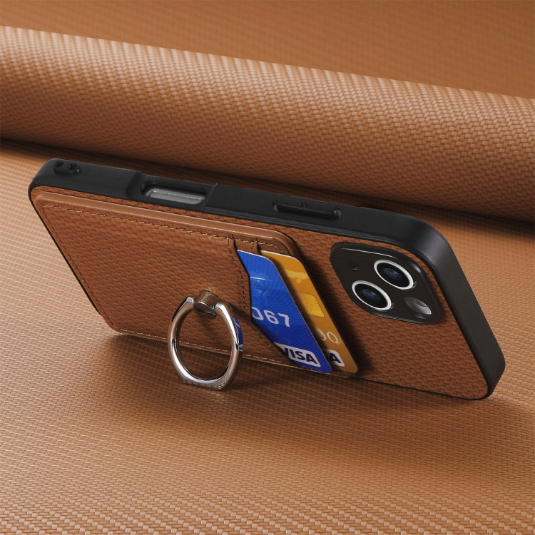 For iPhone 16 Plus Carbon Fiber Card Wallet Ring Phone Case