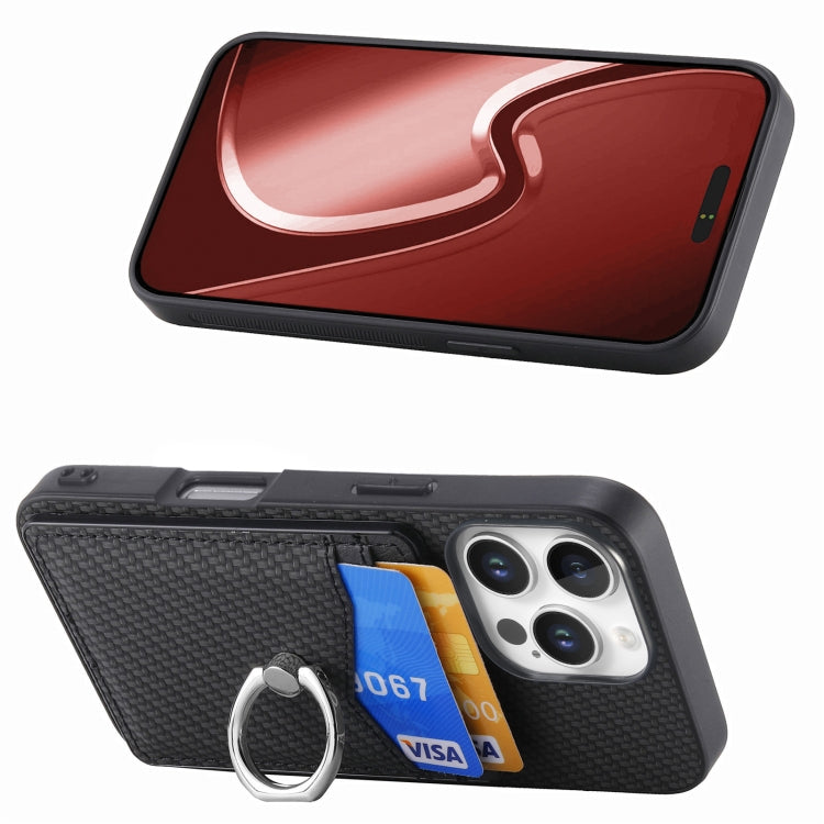For iPhone 16 Pro Carbon Fiber Card Wallet Ring Phone Case